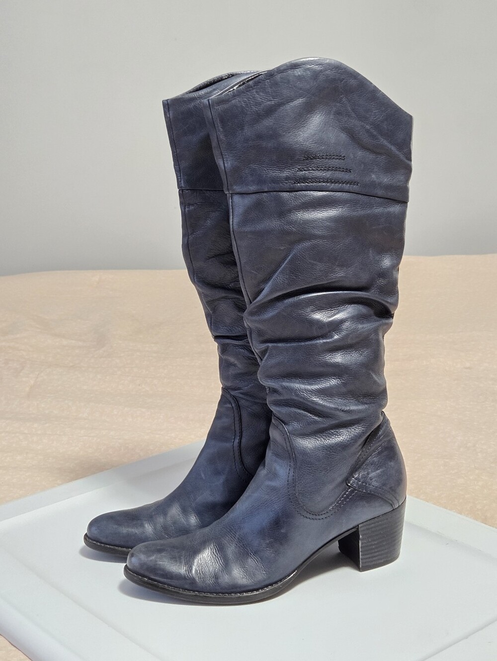 Vintage Slate Navy Blue Leather Slouch Knee High Boots Block Heel Sz 38/7.5-8💙